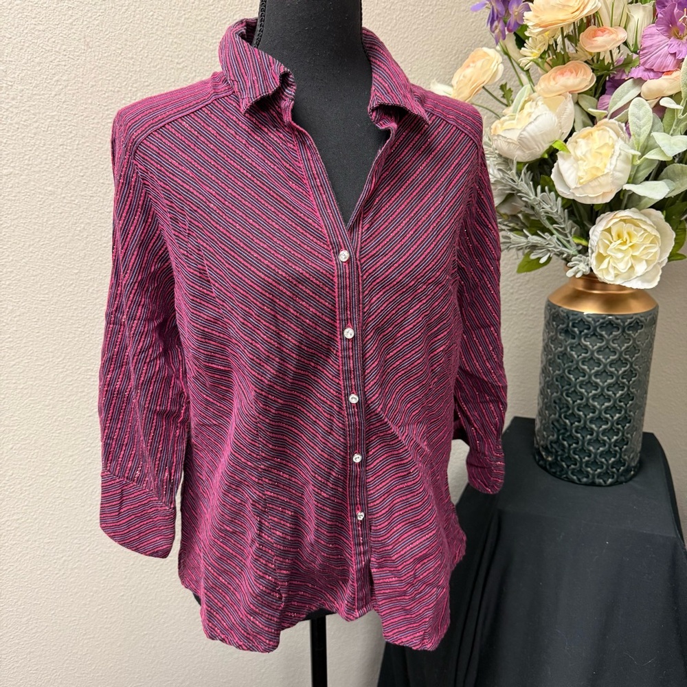 Pink Metallic Stripe Button-Down Shirt L | Quizz Again Stretch Top